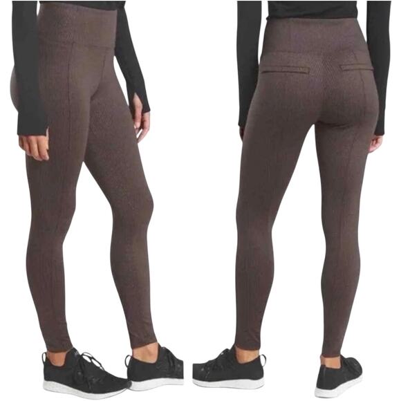 Athleta Delancey Houndstooth Leggings High Waisted Zip Pockets Brown XS
